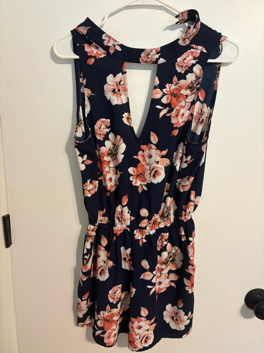 Soprano Navy Floral Sleeveless Romper with Pink Coral Blooms Size M